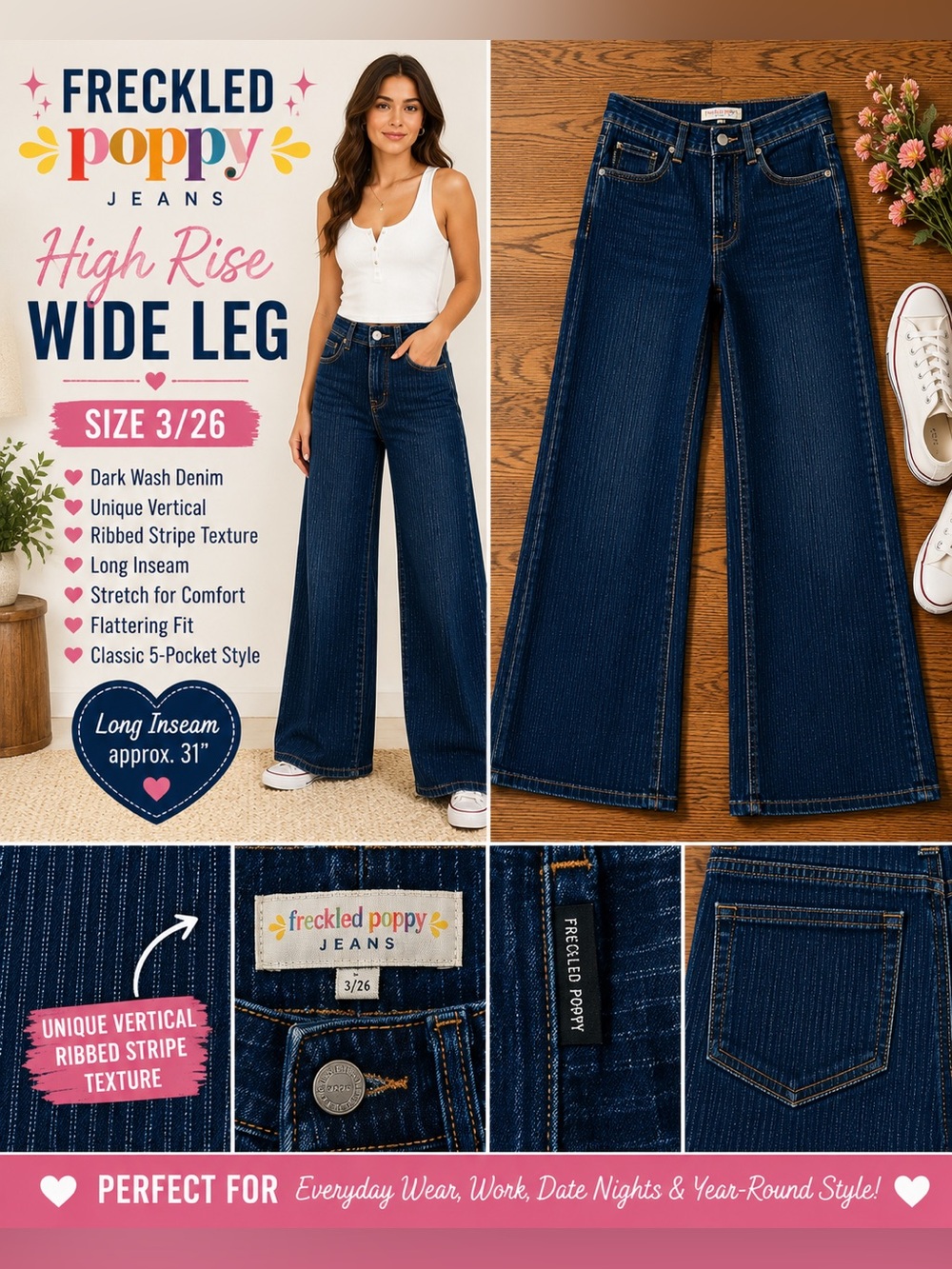 Freckled Poppy x Risen High Rise Wide Leg Jeans Size 3/26